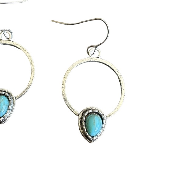 Boho Antique Silver and Turquoise Hollow Hoop Earrings - Picture 4 of 5